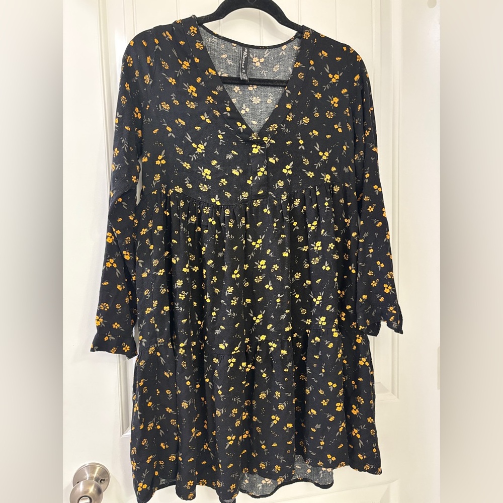 Jean Pascale Floral Longsleeve V-Neck Dress Black and Yellow XL
